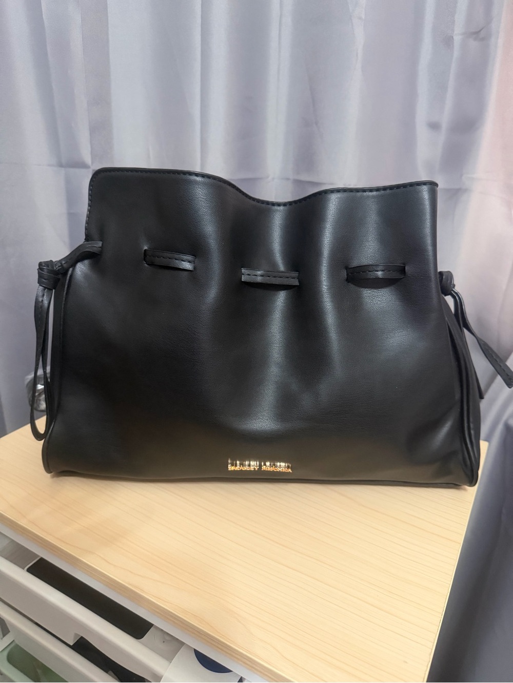 Badgley Mischka Black Leather Drawstring Shoulder Hobo with Gold Accent